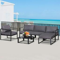 Rackhams 6 PCs Outdoor Indoor Sectional Sofa Set Thick Padded Cushions Aluminium Frame 5 Seaters 1 Coffee Table Footrest Grey - thumbnail 2