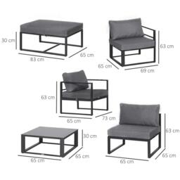 Rackhams 6 PCs Outdoor Indoor Sectional Sofa Set Thick Padded Cushions Aluminium Frame 5 Seaters 1 Coffee Table Footrest Grey - thumbnail 3