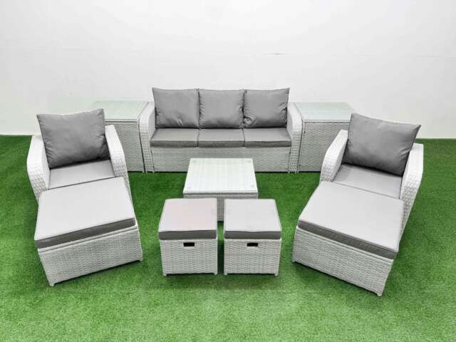 Rackhams Outdoor Garden Furniture Set PE Rattan Lounge Sofa Set with Coffee Table 3 Seater Sofa 4 Footstools 2 Side Tables Light Grey - image 1