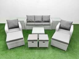Rackhams Outdoor Garden Furniture Set PE Rattan Lounge Sofa Set with Coffee Table 3 Seater Sofa 4 Footstools 2 Side Tables Light Grey - thumbnail 1