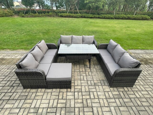 Rackhams Patio Rattan Garden Furniture Set with Oblong Rectangular Dining Table Big Footstool 10 Seater Outdoor Lounge Sofa Set Dark Grey Mixed - image 1
