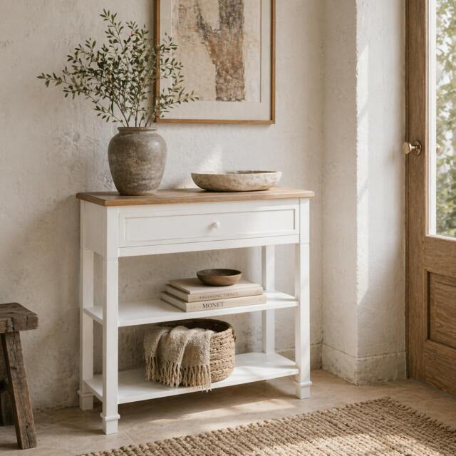 Rackhams Sacoso Wooden Natural Retro Hallway Console Table With Drawer And Dual Shelves - image 1