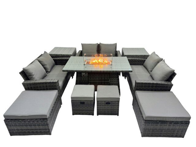 Rackhams Outdoor Love Sofa Set 10 Seat Rattan Garden Furniture Set with Gas Firpit Dining Table 4 Footstools 2 Side Table Dark Grey Mixed - image 1