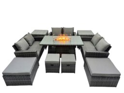 Rackhams Outdoor Love Sofa Set 10 Seat Rattan Garden Furniture Set with Gas Firpit Dining Table 4 Footstools 2 Side Table Dark Grey Mixed - thumbnail 1