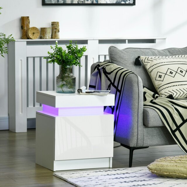 Rackhams White Bedside Table, High Gloss Front Nightstand w/ LED Light, 2 Drawers - White - image 1