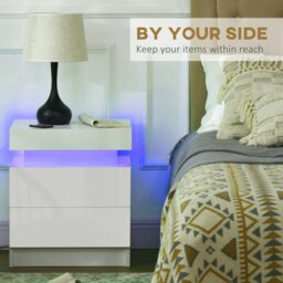 Rackhams White Bedside Table, High Gloss Front Nightstand w/ LED Light, 2 Drawers - White - thumbnail 5