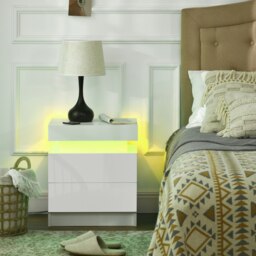 Rackhams White Bedside Table, High Gloss Front Nightstand w/ LED Light, 2 Drawers - White - thumbnail 2