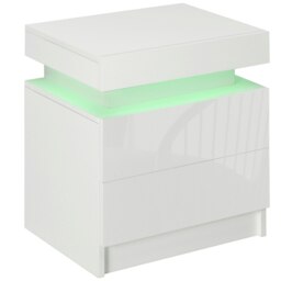 Rackhams White Bedside Table, High Gloss Front Nightstand w/ LED Light, 2 Drawers - White - thumbnail 3