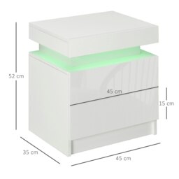 Rackhams White Bedside Table, High Gloss Front Nightstand w/ LED Light, 2 Drawers - White - thumbnail 6