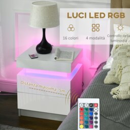 Rackhams White Bedside Table, High Gloss Front Nightstand w/ LED Light, 2 Drawers - White - thumbnail 4