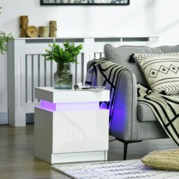 Rackhams White Bedside Table, High Gloss Front Nightstand w/ LED Light, 2 Drawers - White