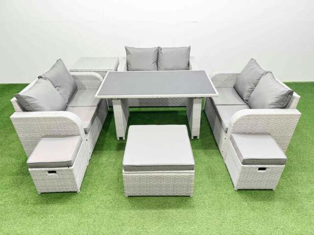 Rackhams 9 Seater Patio Garden Furniture Sets with Black Glass Top Dining Table Love Sofa Side Table 3 Stool Light Grey - image 1