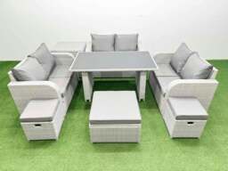 Rackhams 9 Seater Patio Garden Furniture Sets with Black Glass Top Dining Table Love Sofa Side Table 3 Stool Light Grey