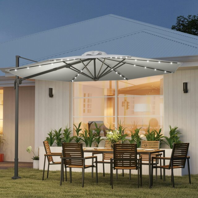 Rackhams 3(m) Cantilever Roma Parasol Patio Sun Umbrella with Crank & Tilt LED Solar Light Cross Base 360° Rotating Outdoor, Dark Grey - Grey - 3m x 3m x 2.45m - image 1