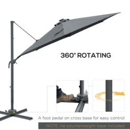 Rackhams 3(m) Cantilever Roma Parasol Patio Sun Umbrella with Crank & Tilt LED Solar Light Cross Base 360° Rotating Outdoor, Dark Grey - Grey - 3m x 3m x 2.45m - thumbnail 5