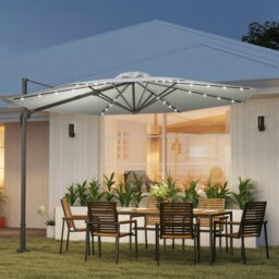Rackhams 3(m) Cantilever Roma Parasol Patio Sun Umbrella with Crank & Tilt LED Solar Light Cross Base 360° Rotating Outdoor, Dark Grey - Grey - 3m x 3m x 2.45m