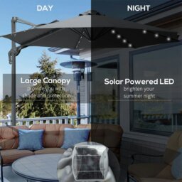 Rackhams 3(m) Cantilever Roma Parasol Patio Sun Umbrella with Crank & Tilt LED Solar Light Cross Base 360° Rotating Outdoor, Dark Grey - Grey - 3m x 3m x 2.45m - thumbnail 4