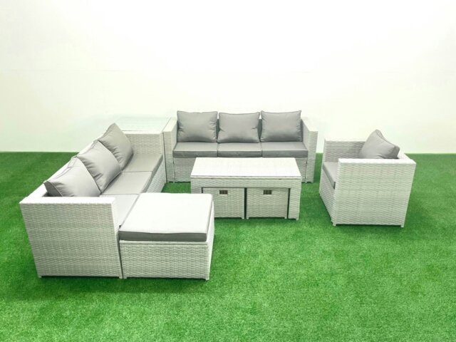 Rackhams Wicker PE Rattan Sofa Garden Furniture Set with Oblong Coffee Table Armchair 3 Footstools Side Table Light Grey Mixed - image 1
