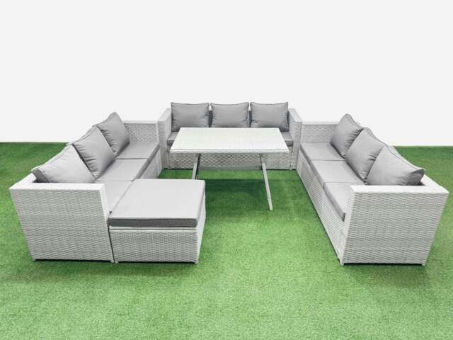 Rackhams 10 Seat Outdoor Patio PE Rattan Garden Furniture with Cushions 3 Seater Sofa Big Stool Light Grey - image 1