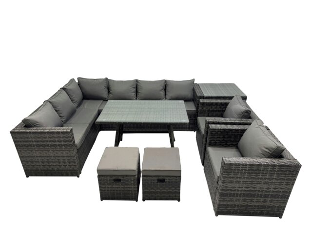 Rackhams 10 seater Outdoor PE Rattan Sofa Set with Dining Table Patio Garden Furniture Sets with 2 Chair 2 Small Stools Side Table Dark Grey Mixed - image 1