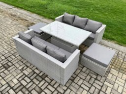 Rackhams Outdoor PE Rattan Garden Funiture Set Height Adjustable Rising Lifting Table Sofa Dining Set with 2 Big Footstools - thumbnail 2