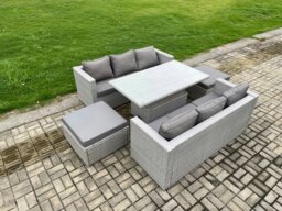 Rackhams Outdoor PE Rattan Garden Funiture Set Height Adjustable Rising Lifting Table Sofa Dining Set with 2 Big Footstools