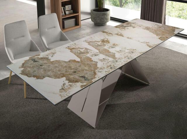 Rackhams Rectangular extending dining table in porcelain marble and taupe grey steel 1114 - image 1