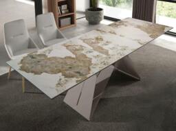 Rackhams Rectangular extending dining table in porcelain marble and taupe grey steel 1114