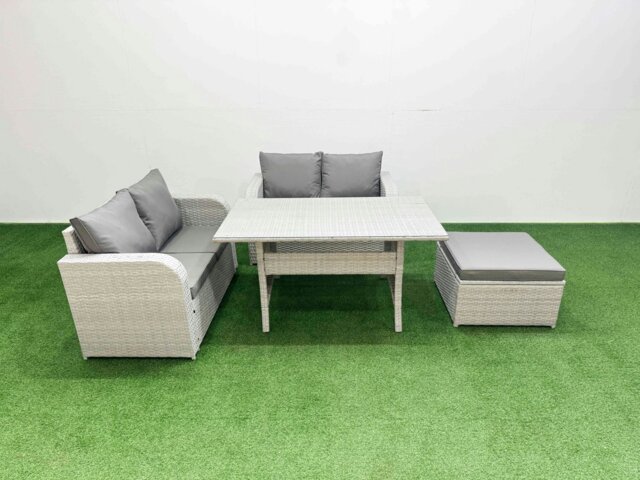 Rackhams 5 Seater Outdoor Love Sofa Set Rattan Garden Furniture Set with Rectangular Dining Table Big Footstool Light Grey - image 1