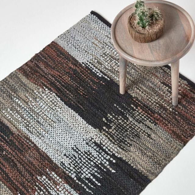 Rackhams Black, Grey & Brown Real Leather Handwoven Cutshuttle Rug - 150 x 240 cm - image 1