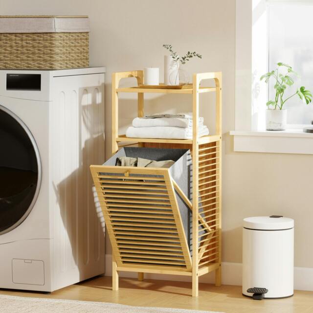 Rackhams Removable 37L Laundry Hamper with Bamboo Bathroom Storage Cabinet - Natural Wood Finish, Grey - image 1