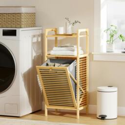 Rackhams Removable 37L Laundry Hamper with Bamboo Bathroom Storage Cabinet - Natural Wood Finish, Grey - thumbnail 1
