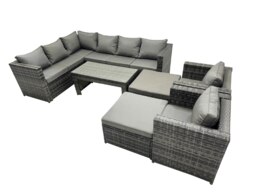 Rackhams 7 Pieces Outdoor PE Rattan Garden Furniture Corner Sofa Oblong Coffee Table Set with Cushions Chair 2 Big Footstools Dark Grey Mixed - thumbnail 1