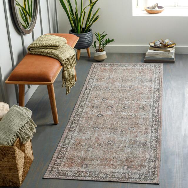 Rackhams Colin-Washable Brown Orange Grey Traditionnal Vintage Boho Rug - 80 x 220 cm - image 1