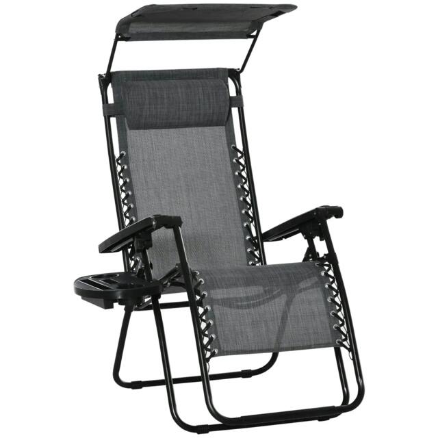 Rackhams Foldable Reclining Garden Chair with Headrest, Zero Gravity Deck Sun Lounger Seat Chair with Footrest, Armrest, Cup Holder & Canopy Shade, Light Grey - image 1