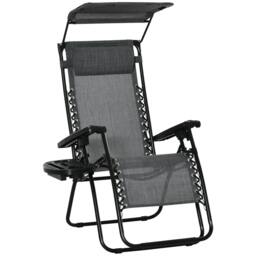 Rackhams Foldable Reclining Garden Chair with Headrest, Zero Gravity Deck Sun Lounger Seat Chair with Footrest, Armrest, Cup Holder & Canopy Shade, Light Grey - thumbnail 1
