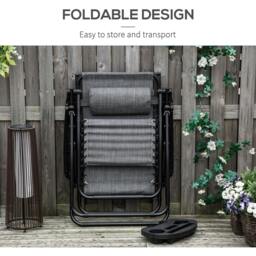Rackhams Foldable Reclining Garden Chair with Headrest, Zero Gravity Deck Sun Lounger Seat Chair with Footrest, Armrest, Cup Holder & Canopy Shade, Light Grey - thumbnail 6