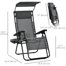 Rackhams Foldable Reclining Garden Chair with Headrest, Zero Gravity Deck Sun Lounger Seat Chair with Footrest, Armrest, Cup Holder & Canopy Shade, Light Grey - thumbnail 3