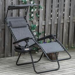 Rackhams Foldable Reclining Garden Chair with Headrest, Zero Gravity Deck Sun Lounger Seat Chair with Footrest, Armrest, Cup Holder & Canopy Shade, Light Grey - thumbnail 2