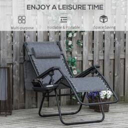 Rackhams Foldable Reclining Garden Chair with Headrest, Zero Gravity Deck Sun Lounger Seat Chair with Footrest, Armrest, Cup Holder & Canopy Shade, Light Grey - thumbnail 4