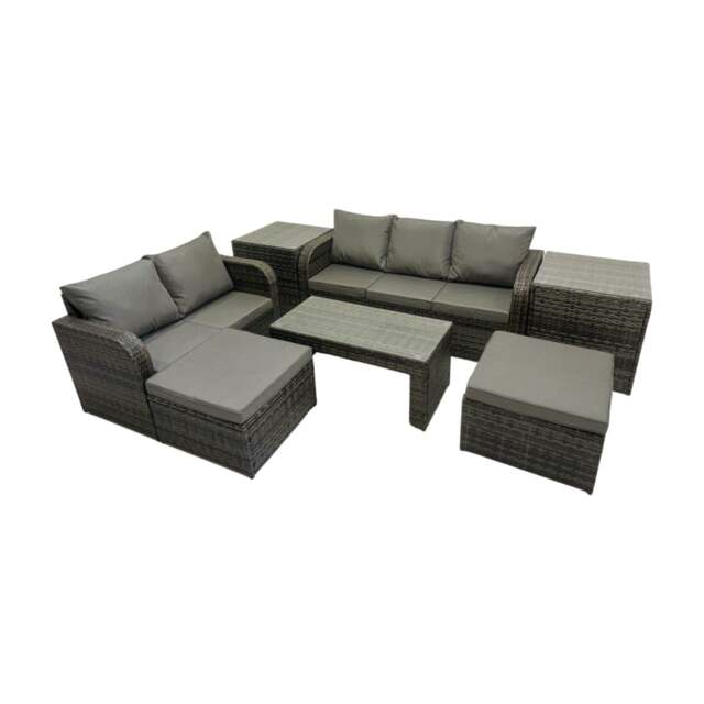 Rackhams Rattan Garden Outdoor Furniture Set 3 Seater Sofa Love Sofa Coffee Table with 2 Big Footstools 2 Side Tables Dark Grey Mixed - image 1