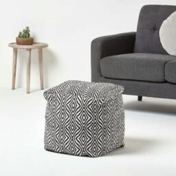 Rackhams Trance Black and White Diamond Pattern Recycled Fibre Square Bean Filled Pouffe - 40 x 40 x 40 cm - thumbnail 2