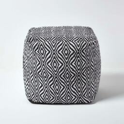 Rackhams Trance Black and White Diamond Pattern Recycled Fibre Square Bean Filled Pouffe - 40 x 40 x 40 cm - thumbnail 1