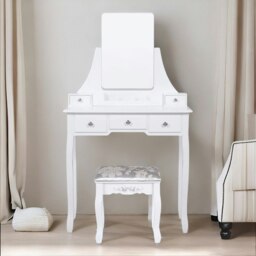 Rackhams Dressing Table With 5 Drawers Mirror And Stool White - thumbnail 3