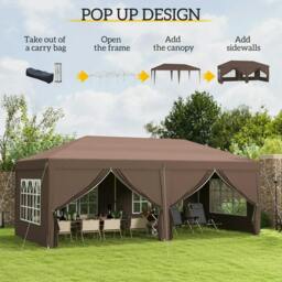 Rackhams 3 x 6 m Pop Up Gazebo with Sides and Windows, Height Adjustable Wedding Camping Party Tent Canopy Marquee with Storage Bag for Garden, Event, Brown - thumbnail 4