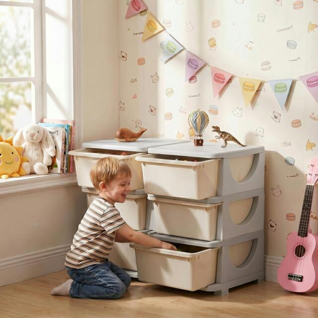 Rackhams Kids Storage Unit Toy Box Vertical Dresser with Six Drawers - Cream - image 1