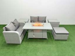 Rackhams 5 Seater Outdoor Love Sofa Set Rattan Garden Furniture Set with Fire Pit Dining Table Big Footstool 2 Side Tables Light Grey - thumbnail 1