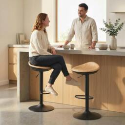 Rackhams Set of 2 Breakfast Barstools, PU Leather Swivel Bar Stools, Oak - PU Leather, ABS, Steel - Oak - 2