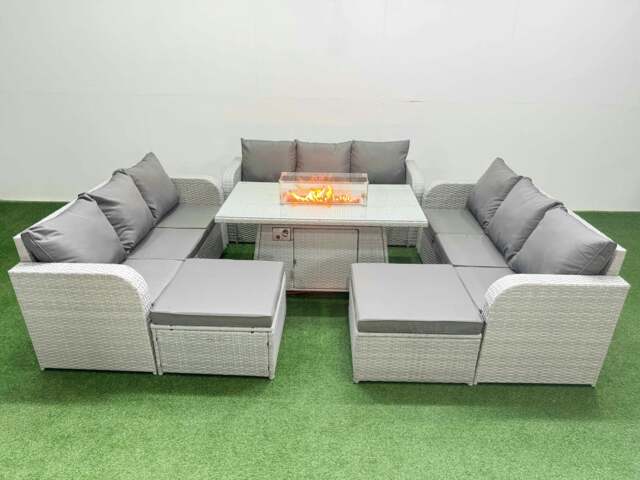 Rackhams PE Rattan Lounge Sofa Set 11 Seater Outdoor Garden Furniture Set with Fire Pit Dining Table 3 Seater Sofa 2 Big Footstools Light Grey - image 1