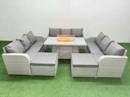 Rackhams PE Rattan Lounge Sofa Set 11 Seater Outdoor Garden Furniture Set with Fire Pit Dining Table 3 Seater Sofa 2 Big Footstools Light Grey - thumbnail 1